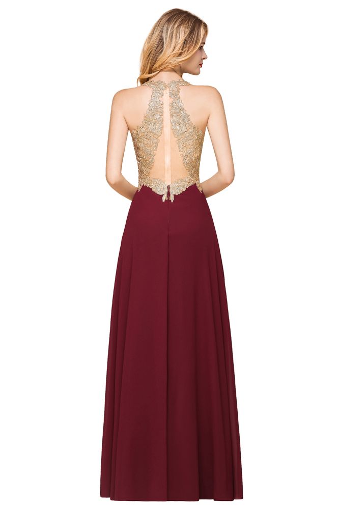 Robe de soirée longue en mousseline de soie et dentelle pour femme MisShow, avec appliques dorées