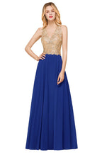 Robe de soirée longue en mousseline de soie et dentelle pour femme MisShow, avec appliques dorées