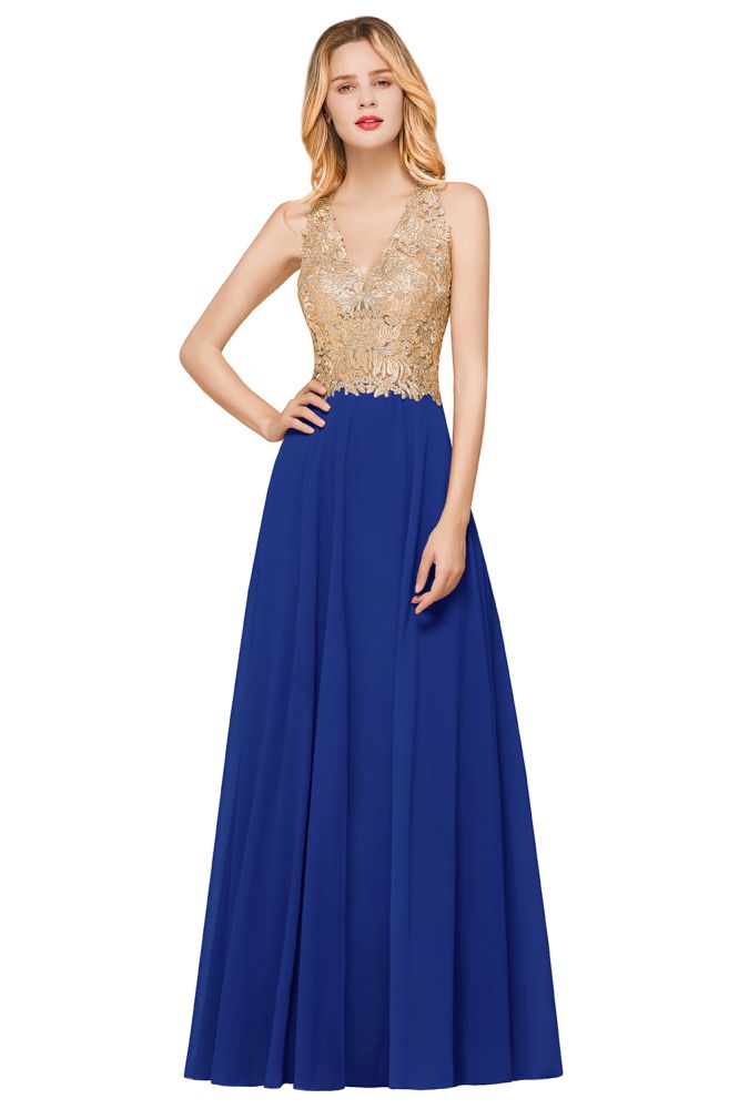 Robe de soirée longue en mousseline de soie et dentelle pour femme MisShow, avec appliques dorées