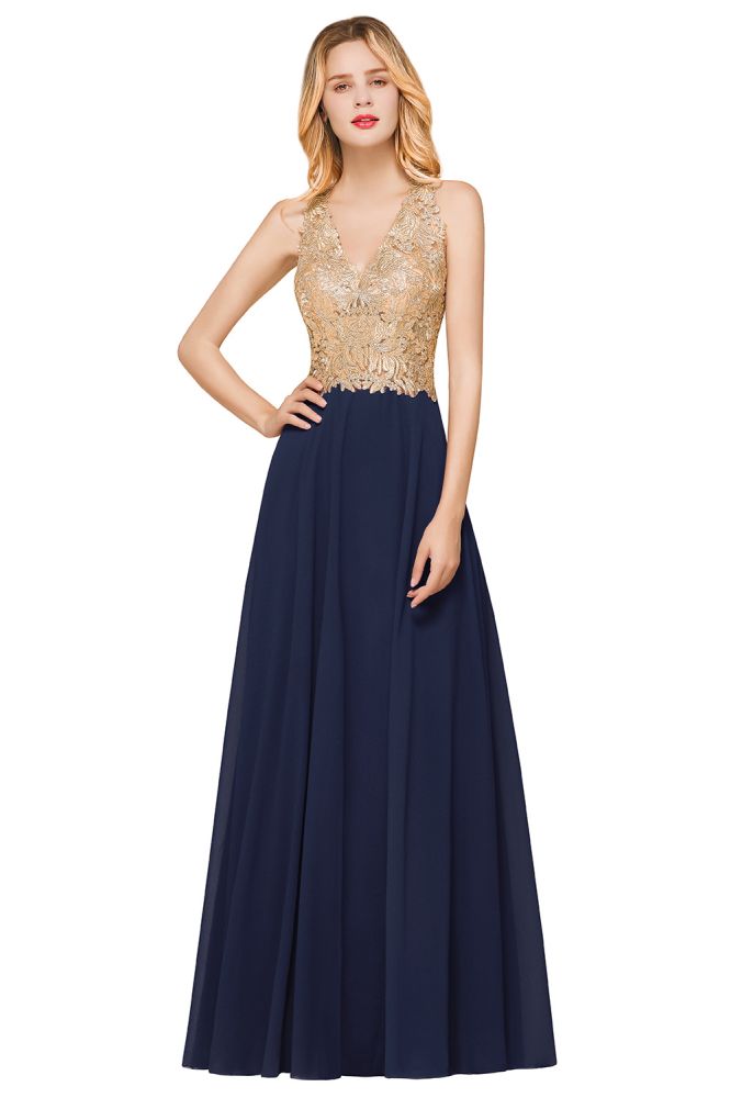 Robe de soirée longue en mousseline de soie et dentelle pour femme MisShow, avec appliques dorées