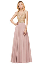 Robe de soirée longue en mousseline de soie et dentelle pour femme MisShow, avec appliques dorées