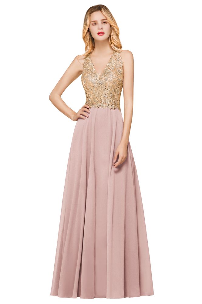 Robe de soirée longue en mousseline de soie et dentelle pour femme MisShow, avec appliques dorées