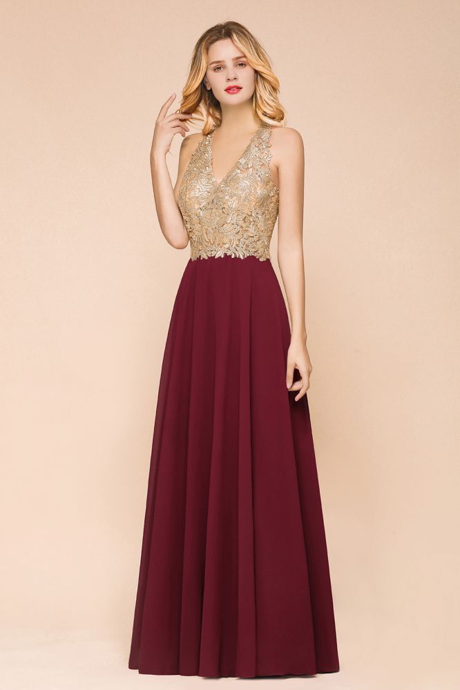 Robe de soirée longue en mousseline de soie et dentelle pour femme MisShow, avec appliques dorées