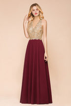 Robe de soirée longue en mousseline de soie et dentelle pour femme MisShow, avec appliques dorées