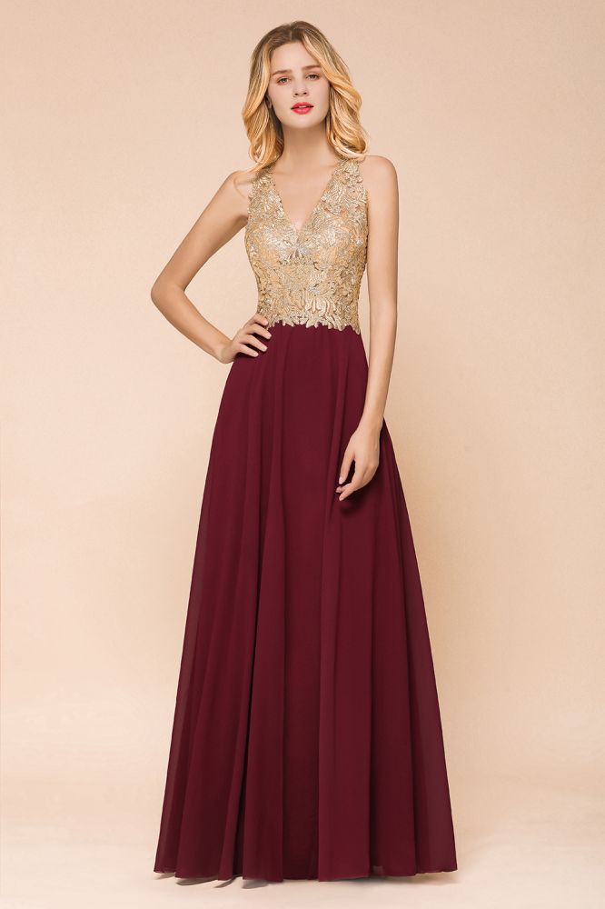 Robe de soirée longue en mousseline de soie et dentelle pour femme MisShow, avec appliques dorées