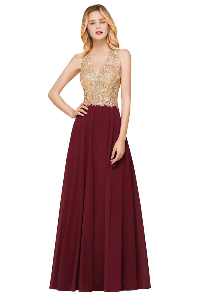 Robe de soirée longue en mousseline de soie et dentelle pour femme MisShow, avec appliques dorées