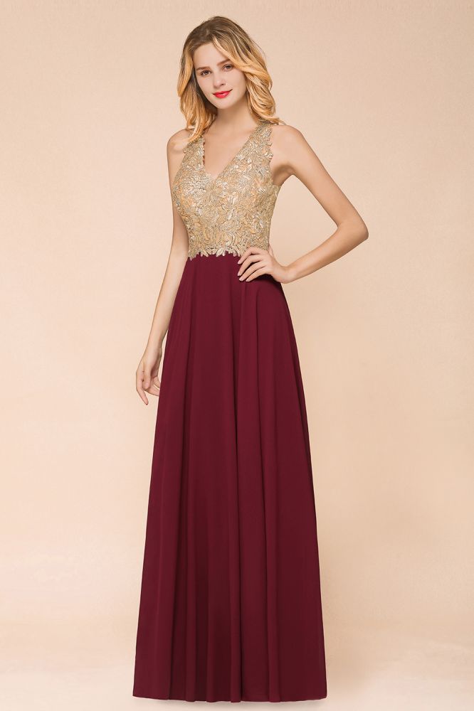 Robe de soirée longue en mousseline de soie et dentelle pour femme MisShow, avec appliques dorées