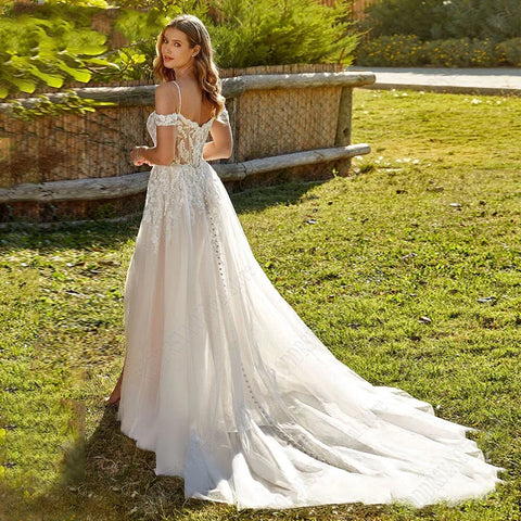 Vestido de novia moderno con tirantes finos, corte en A, nuevo 2023, para bodas civiles, corte en A, con cola de tul. 