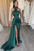Vestido de fiesta largo de sirena, modesto, sin mangas, de satén, con escote halter y abertura.