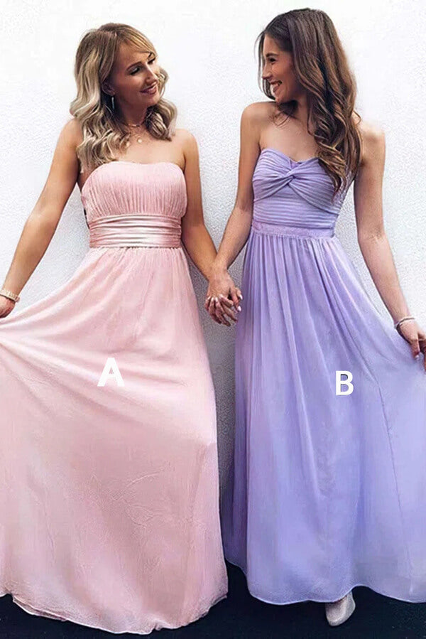 Vestidos de dama de honor modestos de gasa, corte en A, sin tirantes, fruncidos y hasta el suelo