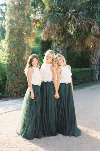 Modest Ivory Lace Forest Green Tulle Top Round Neck Bridesmaid Dress