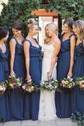 Robes de demoiselle d'honneur longues, modestes, en mousseline bleu marine, coupe trapèze et col en V 