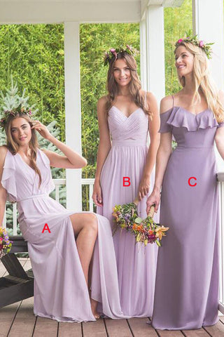 Vestidos largos de dama de honor modestos de gasa color púrpura, corte en A, asimétricos 