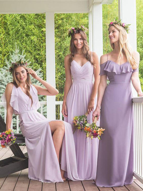 Vestidos largos de dama de honor modestos de gasa color púrpura, corte en A, asimétricos 