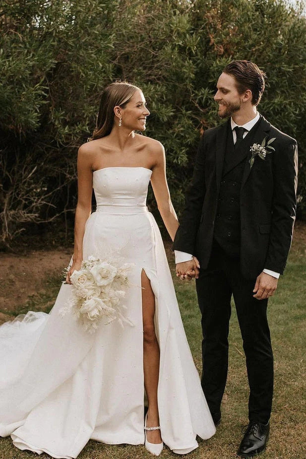 Robe de mariée bustier en satin avec tulle amovible, modèle WD675
