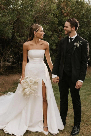 Vestidos de novia modestos sin tirantes de satén con tul desmontable WD675
