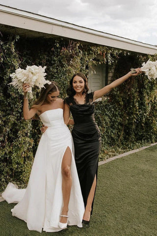 Vestidos de novia modestos sin tirantes de satén con tul desmontable WD675