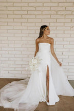 Robe de mariée bustier en satin avec tulle amovible, modèle WD675