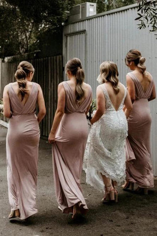 Modest V-neck Floor Length Bridesmaid Dresses, Wedding Party Dress