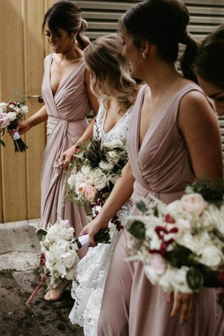 Modest V-neck Floor Length Bridesmaid Dresses, Wedding Party Dress