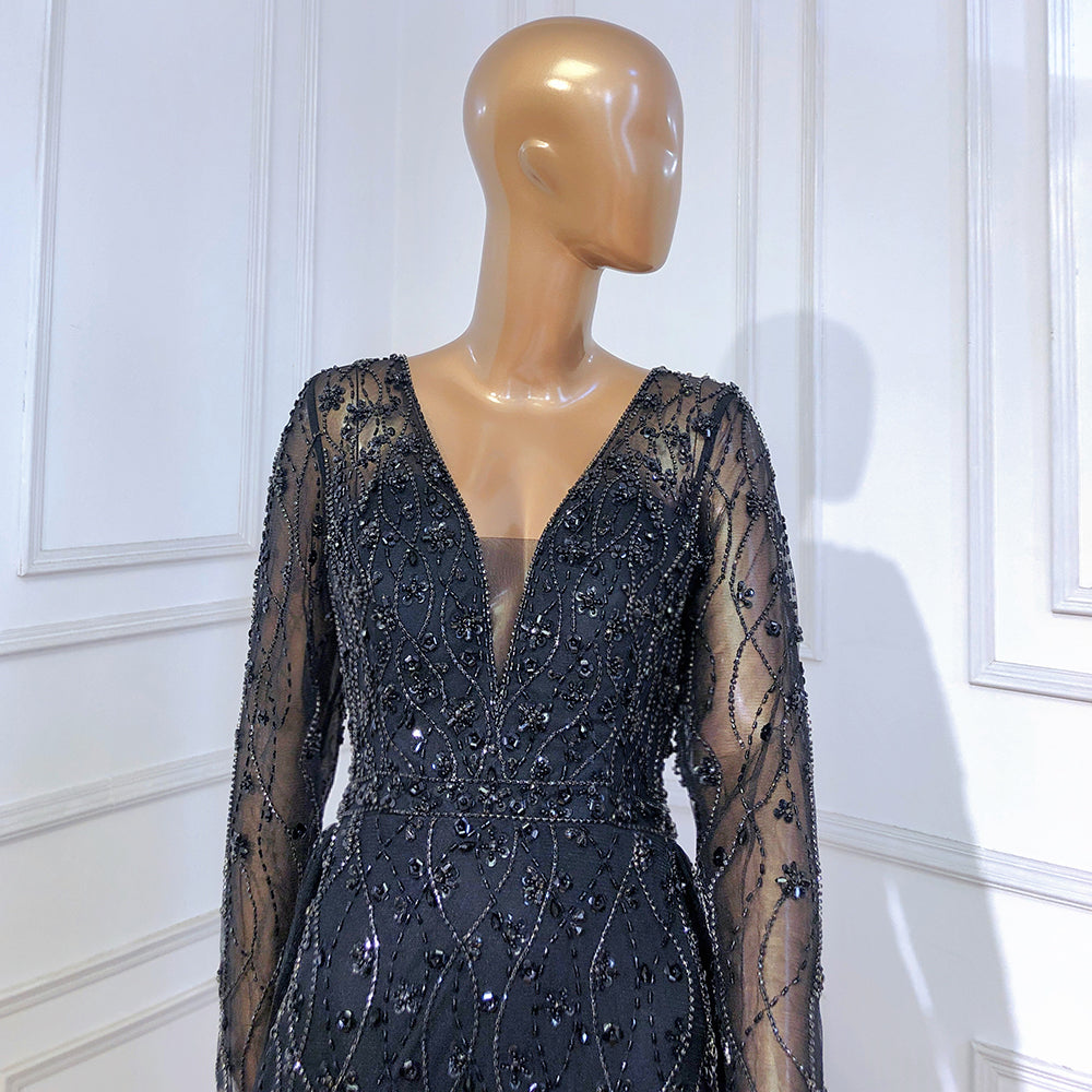 Moslim Zwarte Luxe Elegant Avond Jurken 2025 Kralen Diamond Mermaid Voor Vrouwen Party LA70341A