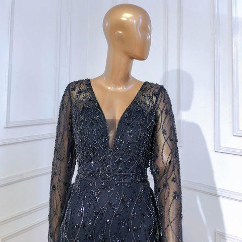 Moslim Noir Luxe Élégant Avond Jurken 2025 Kralen Diamant Sirène Pour Vrouwen Party LA70341A 