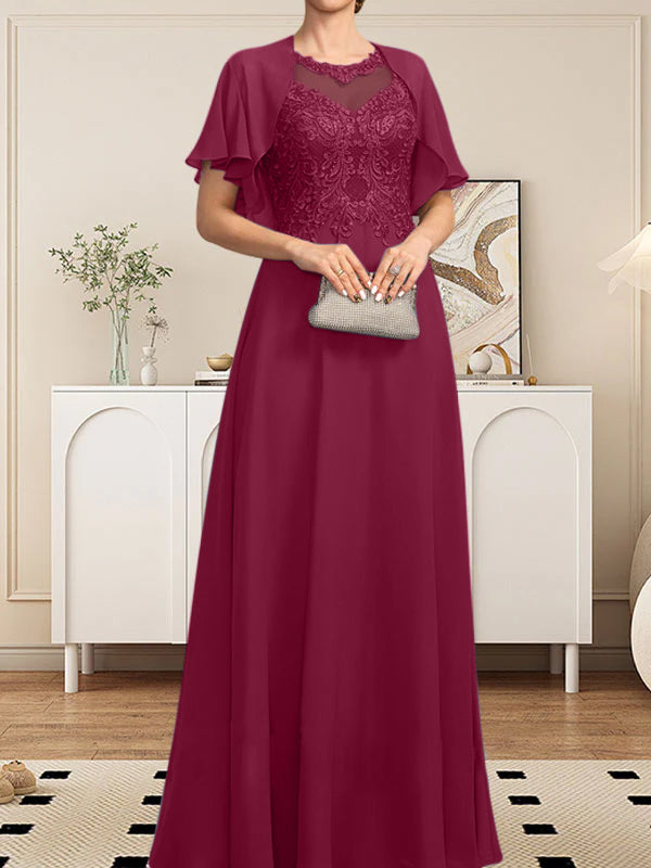 Robe de mère de la mariée en mousseline de dentelle, coupe trapèze, décolleté illusion, longueur au sol, ornée de sequins