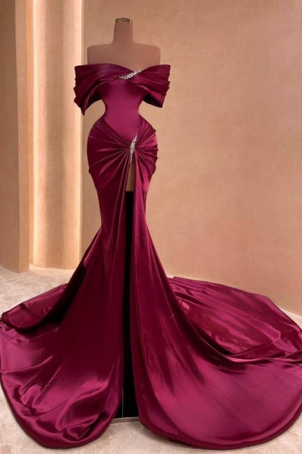 Vestidos de fiesta Mulberry estilo sirena con hombros descubiertos, volantes, abertura frontal y pedrería