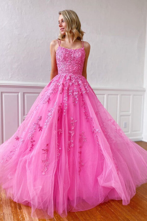Vestidos de fiesta amarillos de tul con tirantes finos, escote redondo y corte en A con apliques