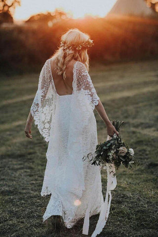 Batwing Sleeve Lace Rustic Wedding Dresses Ivory Sheath Boho Wedding Dresses