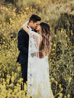 Batwing Sleeve Lace Rustic Wedding Dresses Ivory Sheath Boho Wedding Dresses