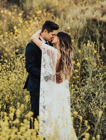 Batwing Sleeve Lace Rustic Wedding Dresses Ivory Sheath Boho Wedding Dresses