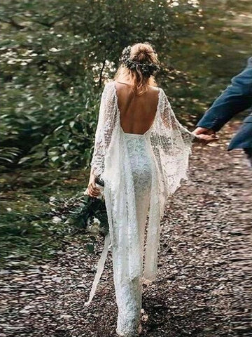 Batwing Sleeve Lace Rustic Wedding Dresses Ivory Sheath Boho Wedding Dresses