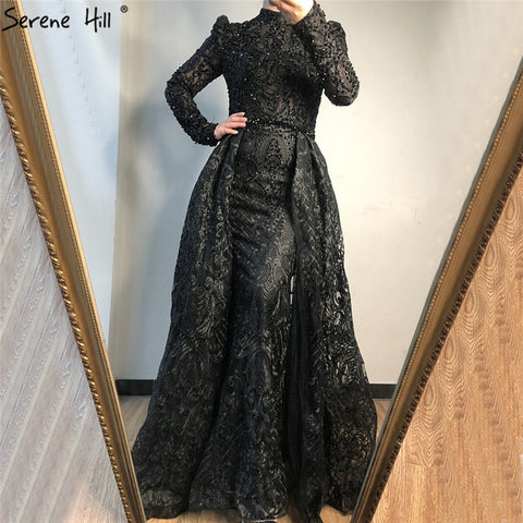 On Sale no return no refundSale Muslim Black Crystal Long Sleeves Evening Dresses 2025 Mermaid Luxury High-end Evening Gowns Plus Size LA70419