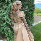 Muslim Gold Mermaid Overskirt Evening Dresses Gowns 2025 Satin Beaded Elegant For Women Party LA71453