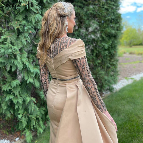 Robe de soirée sirène dorée musulmane, élégante, en satin et perles, pour femme, LA71453, 2025 