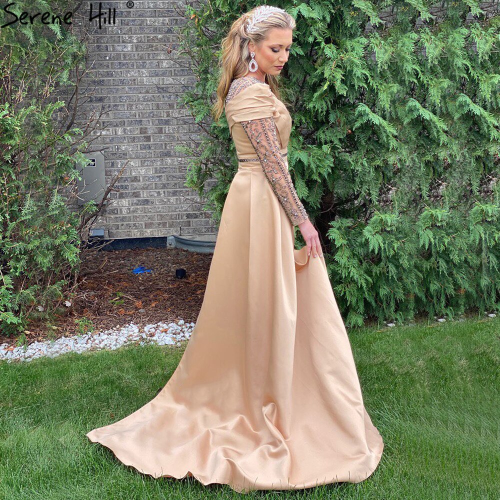 Muslim Gold Mermaid Overskirt Evening Dresses Gowns 2025 Satin Beaded Elegant For Women Party LA71453