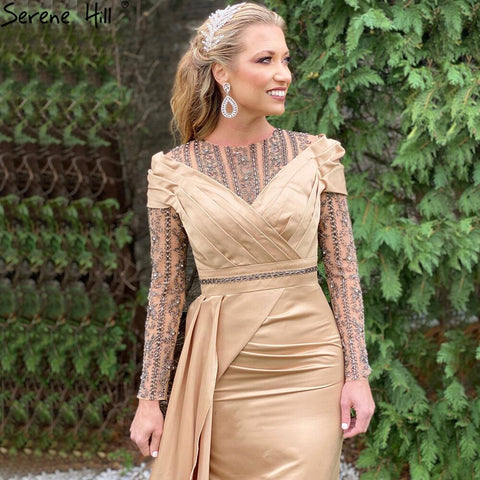 Robe de soirée sirène dorée musulmane, élégante, en satin et perles, pour femme, LA71453, 2025 