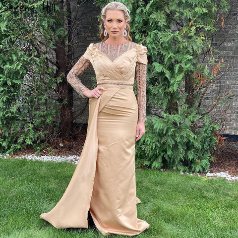 Robe de soirée sirène dorée musulmane, élégante, en satin et perles, pour femme, LA71453, 2025 