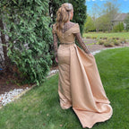Muslim Gold Mermaid Overskirt Evening Dresses Gowns 2025 Satin Beaded Elegant For Women Party LA71453