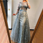 Muslim Grey Long Sleeves Tulle Evening Dresses 2025 O-Neck Handmade Flowers Pearls Fashion Evening Gowns LA60898