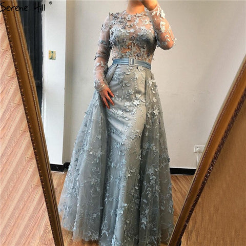 Robe de soirée musulmane grise à manches longues en tulle, col rond, fleurs faites à la main, perles, tendance, LA60898, 2025 