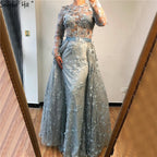 Muslim Grey Long Sleeves Tulle Evening Dresses 2025 O-Neck Handmade Flowers Pearls Fashion Evening Gowns LA60898