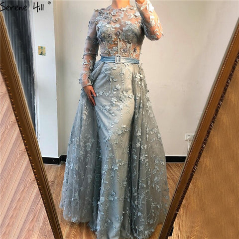 Robe de soirée musulmane grise à manches longues en tulle, col rond, fleurs faites à la main, perles, tendance, LA60898, 2025 