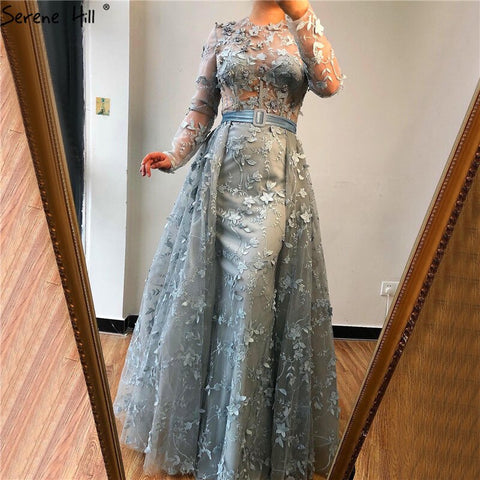 Robe de soirée musulmane grise à manches longues en tulle, col rond, fleurs faites à la main, perles, tendance, LA60898, 2025 