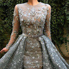 Muslim Grey Long Sleeves Tulle Evening Dresses 2025 O-Neck Handmade Flowers Pearls Fashion Evening Gowns LA60898
