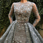Muslim Grey Long Sleeves Tulle Evening Dresses 2025 O-Neck Handmade Flowers Pearls Fashion Evening Gowns LA60898