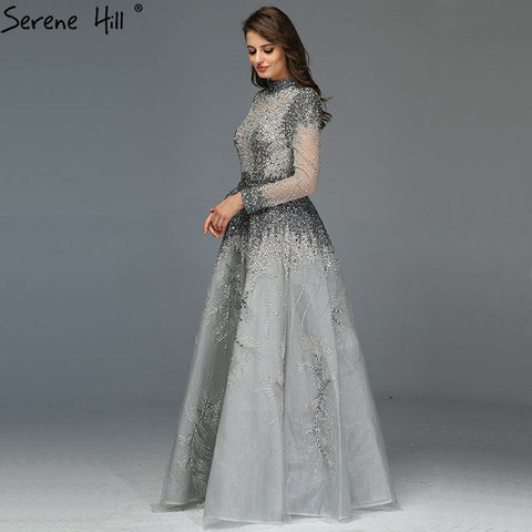 Muslim Grey Luxury Long Sleeves Evening Dresses 2025 Latest Design Crystal High Neck Formal Dress LA60975