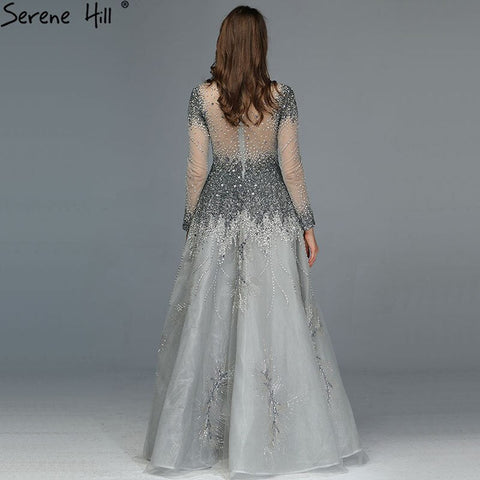 Muslim Grey Luxury Long Sleeves Evening Dresses 2025 Latest Design Crystal High Neck Formal Dress LA60975