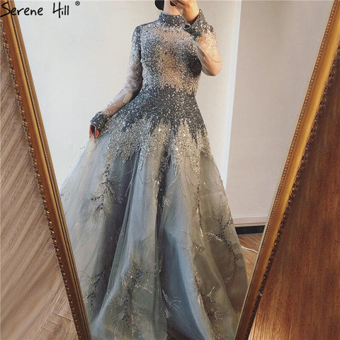 Muslim Grey Luxury Long Sleeves Evening Dresses 2025 Latest Design Crystal High Neck Formal Dress LA60975